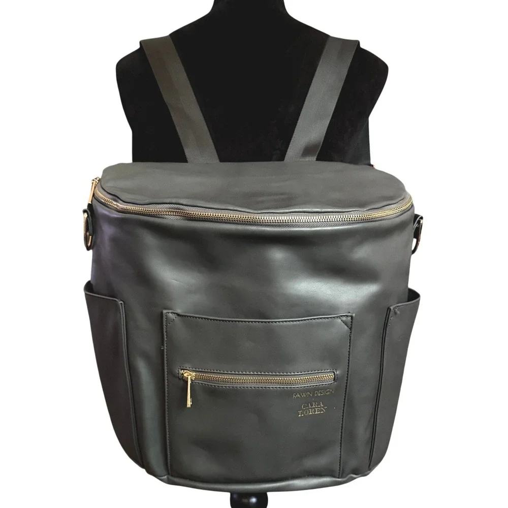 Fawn Design Black Leather Baby Backpack with Gold Hardware
